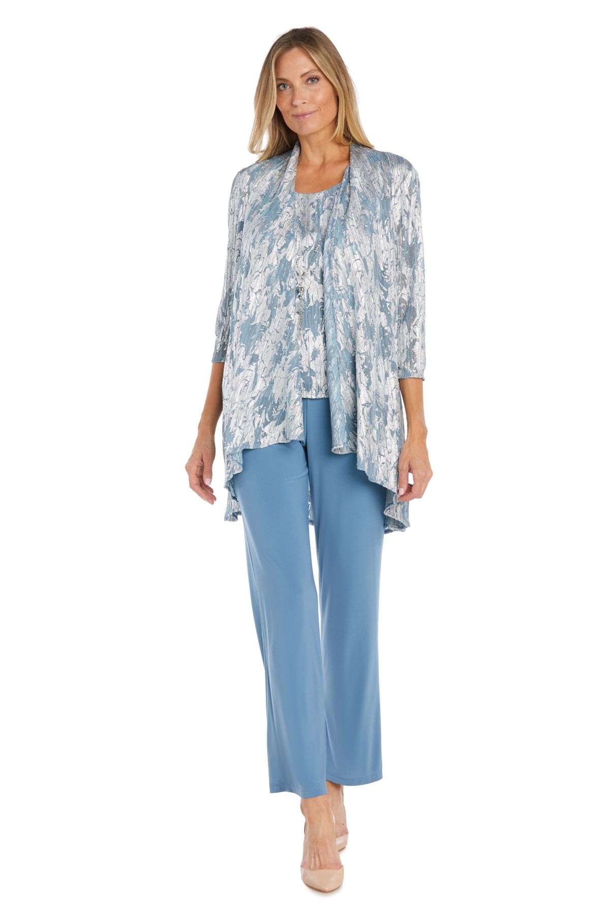 3 Pc Twinset Pantsuit In A Foil Jacquard Print On Crinkle Fabric Matte Chiffon Pant And Detach Necklace