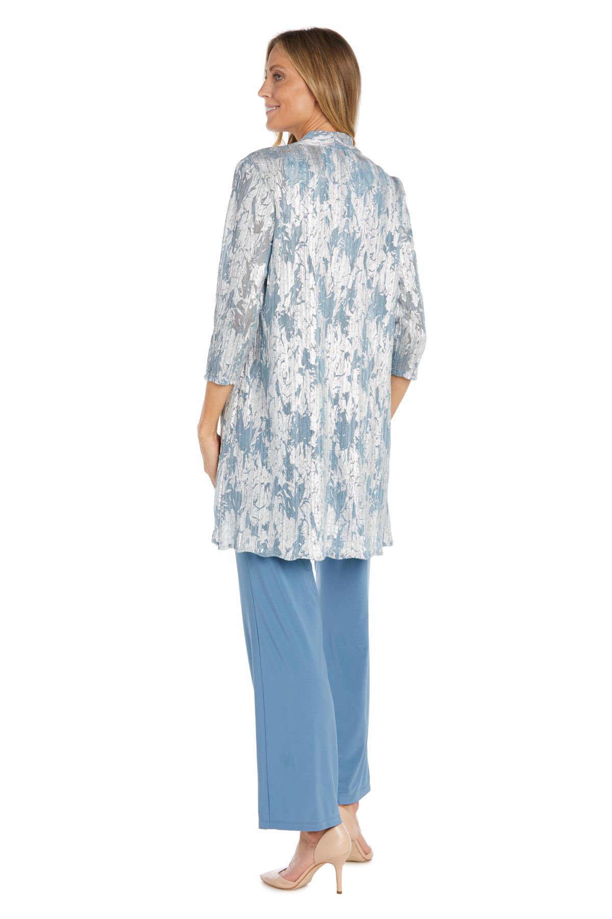 3 Pc Twinset Pantsuit In A Foil Jacquard Print On Crinkle Fabric Matte Chiffon Pant And Detach Necklace