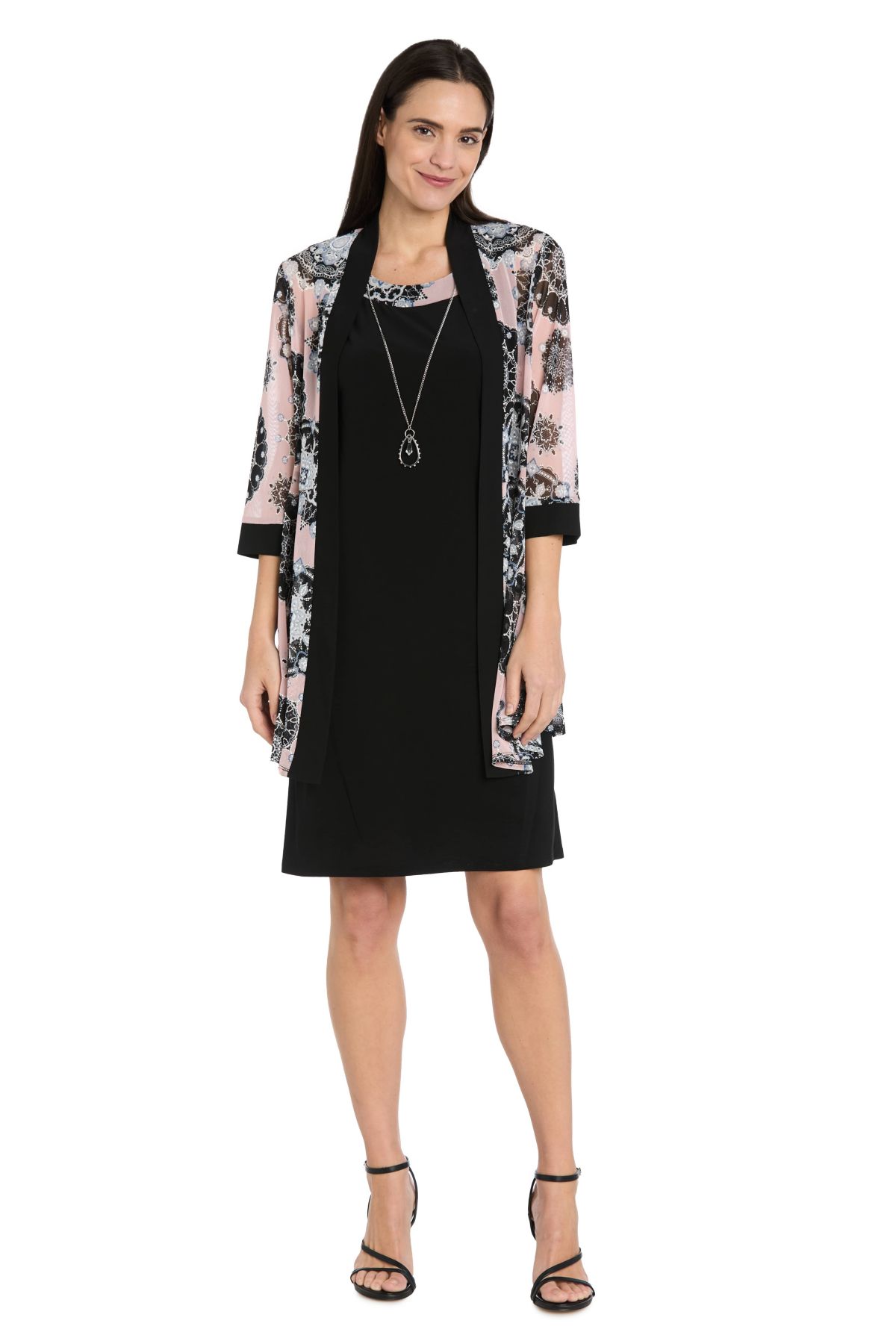 2Pc Printed Medallion Mesh Jacket Dress with Detachable Necklace