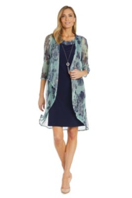 2Pc Printed Crinkle Jacket Dress With Solid Tank And Detachable Necklace