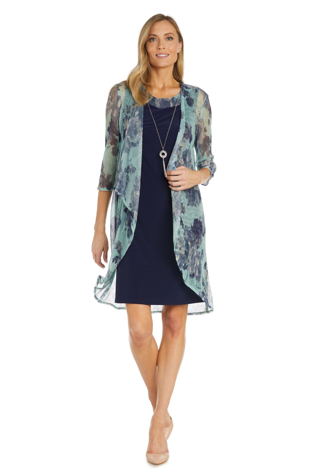 2Pc Printed Crinkle Printed Jacket Dress With Solid Tank Dress And Detachable Necklace