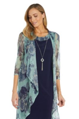 2Pc Printed Crinkle Jacket Dress With Solid Tank And Detachable Necklace