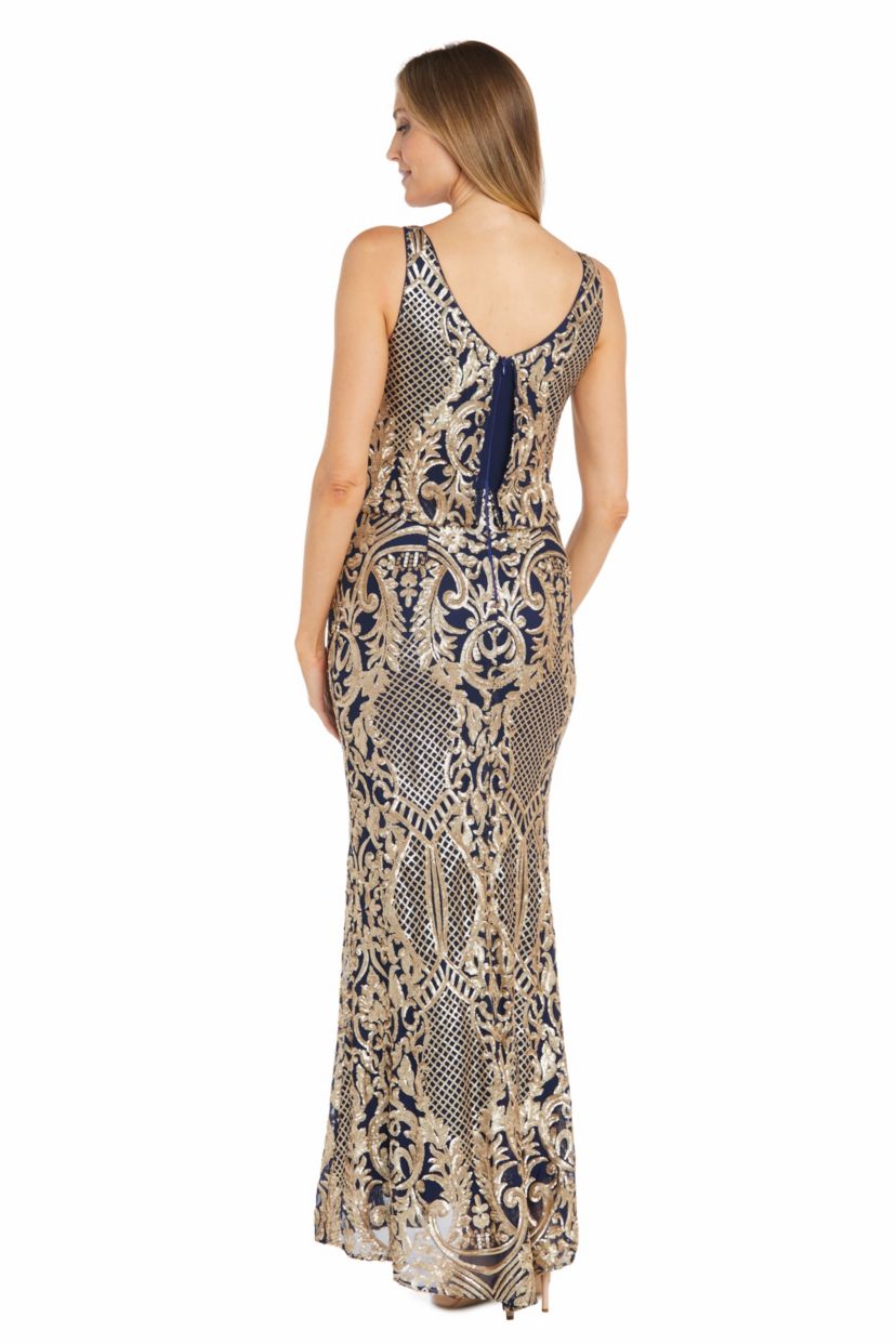 Long Sequin Sleeveless Blouson Dress With Contrast Beading