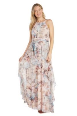 Long Chiffon Watercolor Printed Halter Dress With Inverted High Low Ruffle Skirt