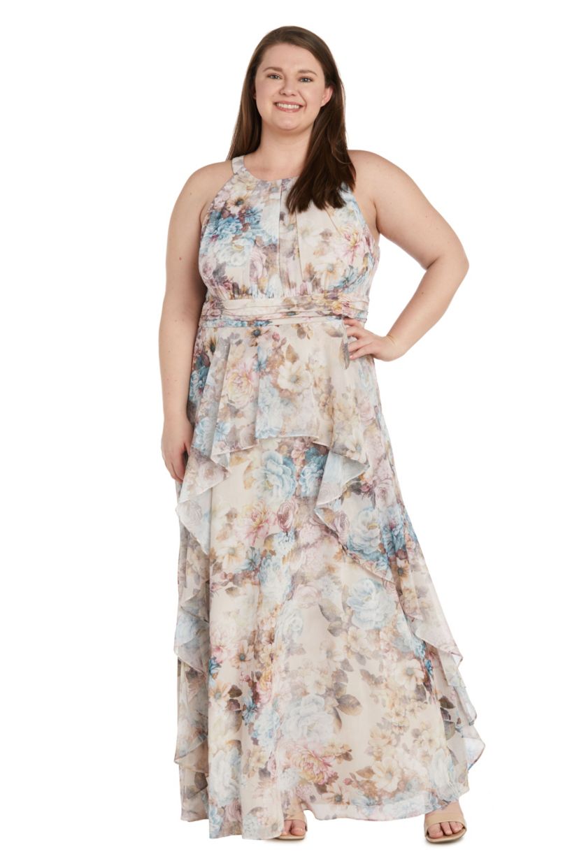 Long Chiffon Watercolor Printed Halter Dress With Inverted High Low Ruffle Skirt