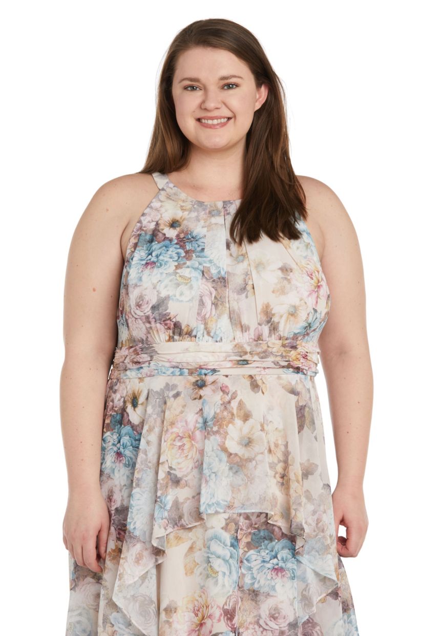 Long Chiffon Watercolor Printed Halter Dress With Inverted High Low Ruffle Skirt