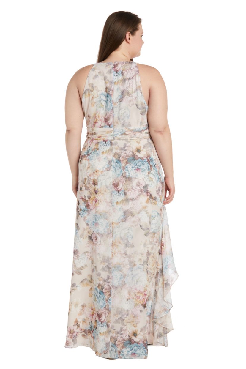 Long Chiffon Watercolor Printed Halter Dress With Inverted High Low Ruffle Skirt