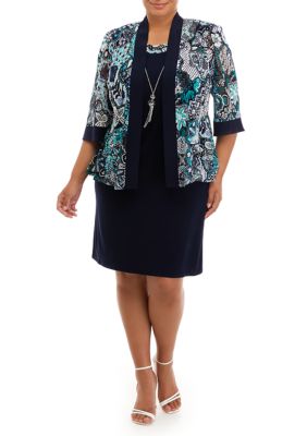 Plus 3/4 Sleeve Puff Print Mesh Jacket Dress