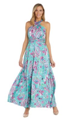 R & M Richards Women's 1Pc Print Yoryu Satin Crossover Halter Dress, Pink, 14