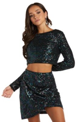 2 Pc Sequins Long Sleeve Jewel Neckline Top W Short Mock Wrap Skirt