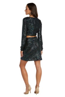 2 Pc Sequins Long Sleeve Jewel Neckline Top W Short Mock Wrap Skirt