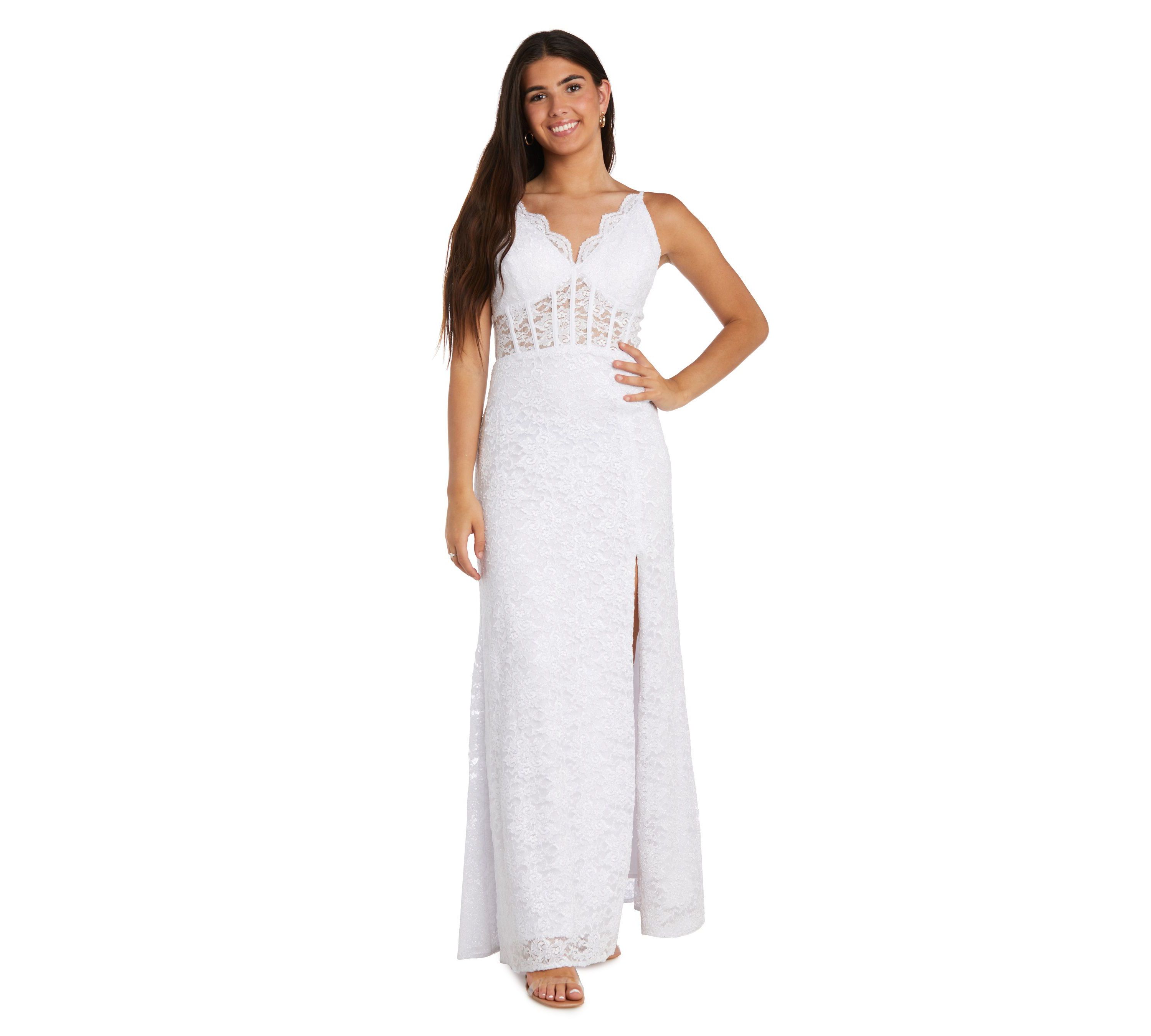 Long Lace Corset Scallop Bodice W/Illusion Detail And Spaghetti Straps