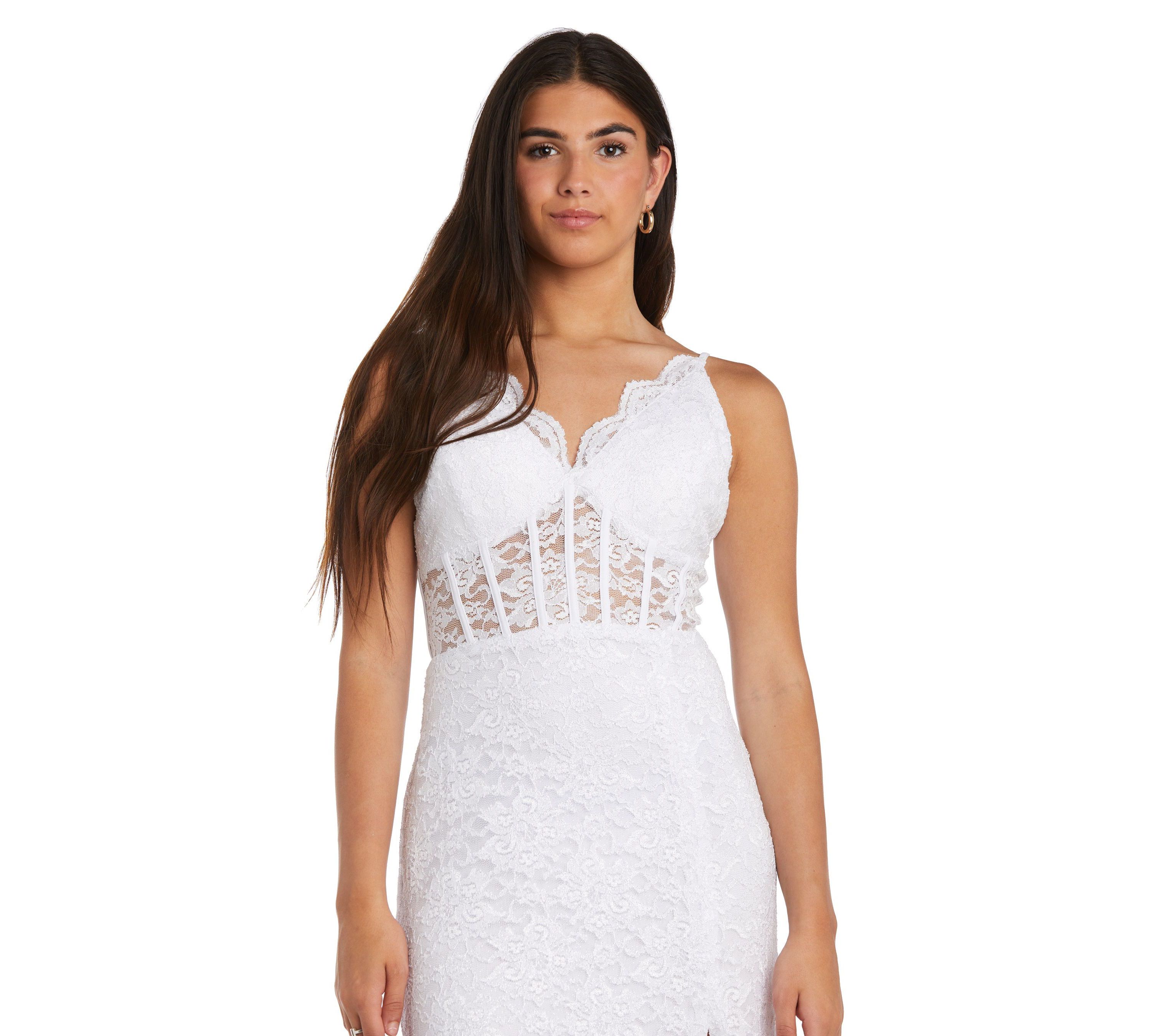 Long Lace Corset Scallop Bodice W/Illusion Detail And Spaghetti Straps