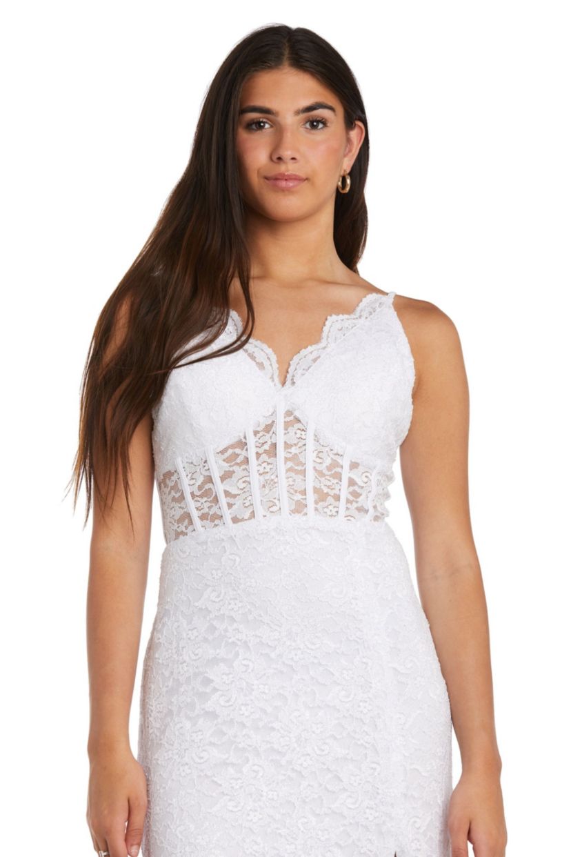 Long Lace Corset Scallop Bodice W/Illusion Detail And Spaghetti Straps