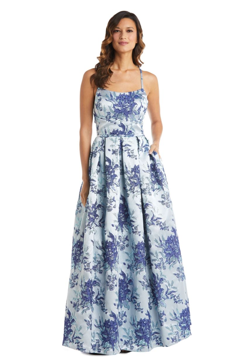 Long Broccade Box Pleat Ball Gown W Spaghetti Straps, X Back, And Cut Out Back Details