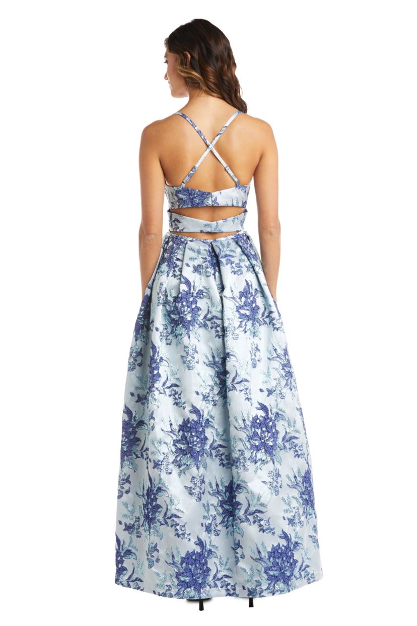 Long Broccade Box Pleat Ball Gown W Spaghetti Straps, X Back, And Cut Out Back Details