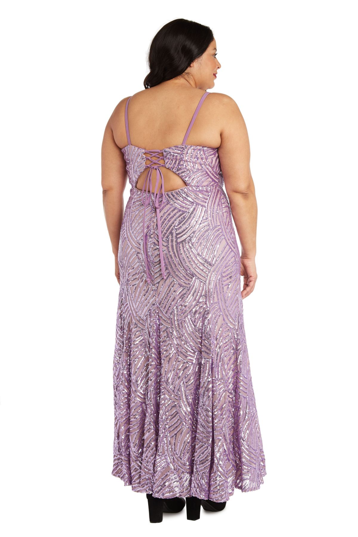 Long Brush Stroke Sequins With Square Neck, Spaghetti Straps, Lace Up And Open Back Detail