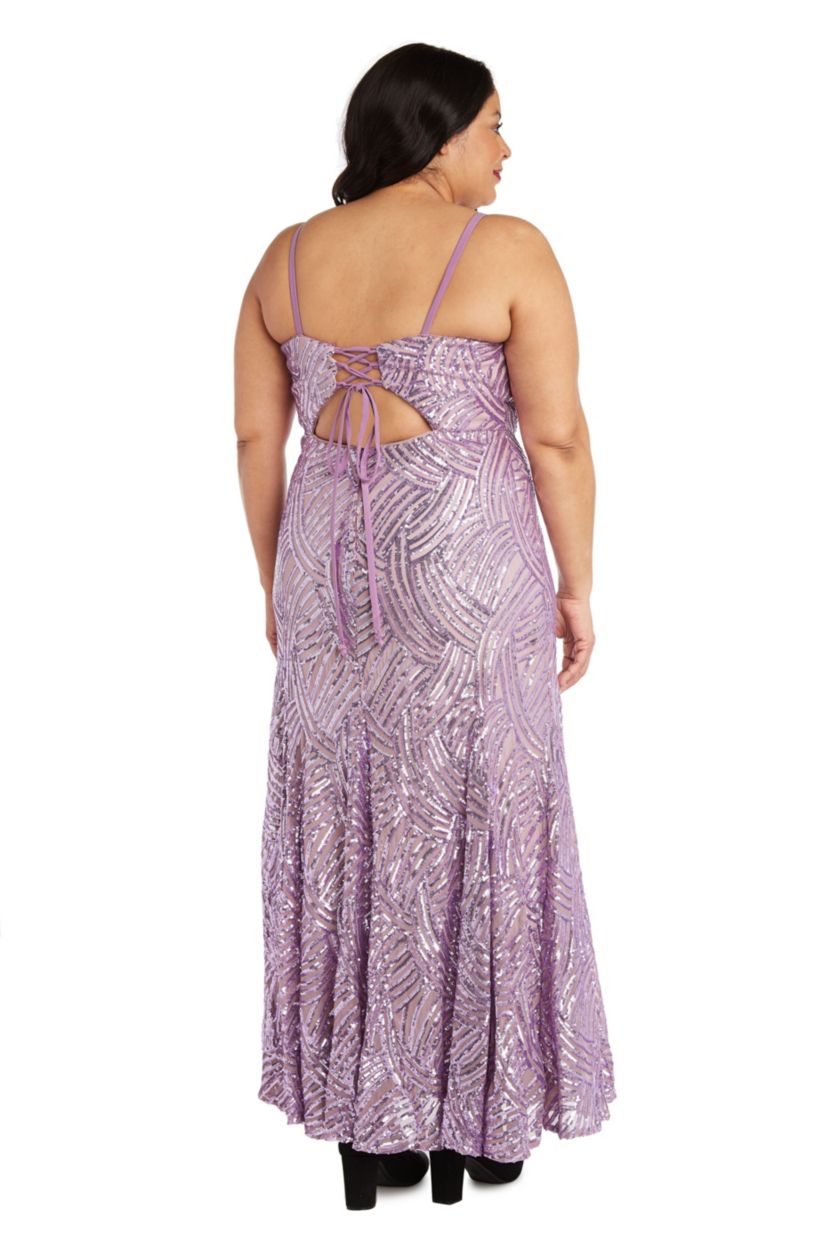 Long Brush Stroke Sequins With Square Neck, Spaghetti Straps, Lace Up And Open Back Detail