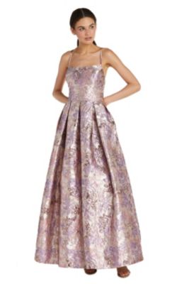 Long Metallic Jacquard Ballgown W Spaghetti Straps  Pockets And Cut Out Back Detail