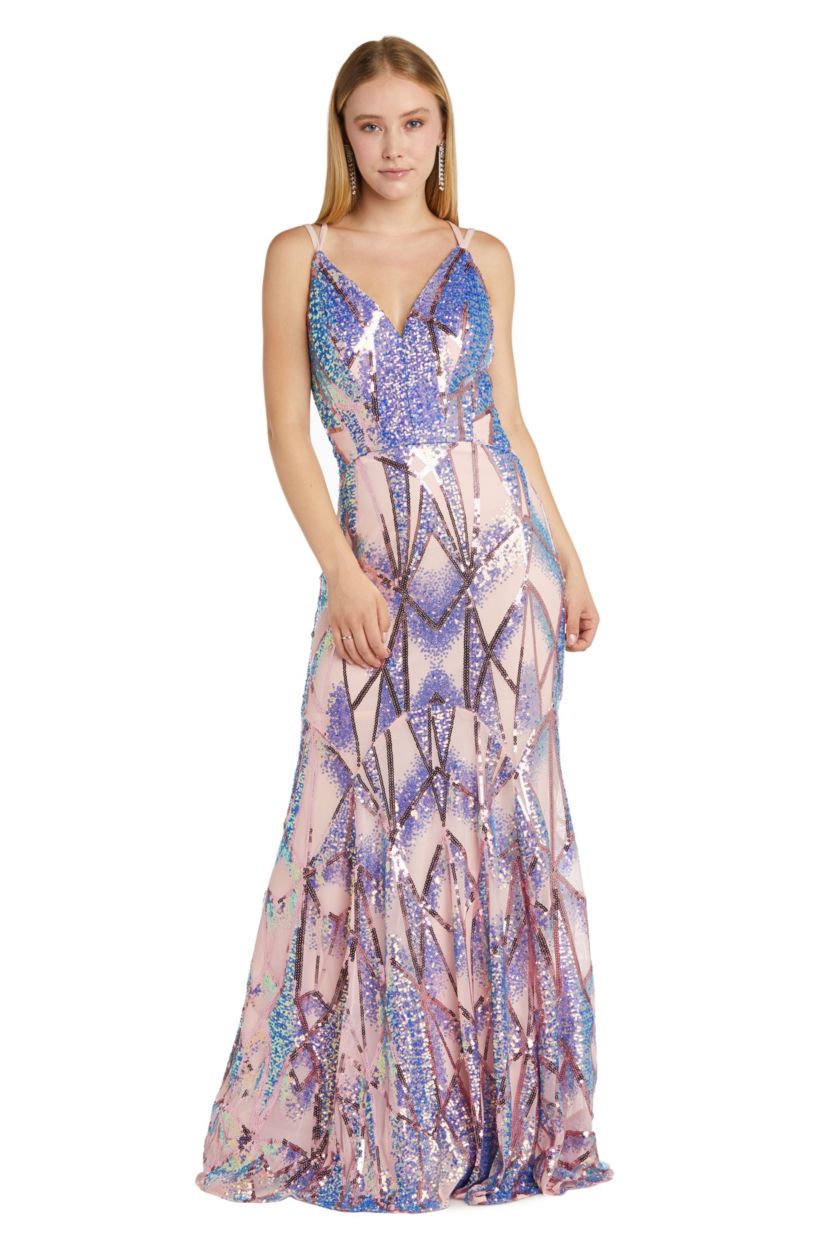Long Deco Sequins W V Front And Strappy Back