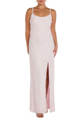 Long Slim Wide Neck Spaghetti Strap Side Slit Lace W Strappy Back