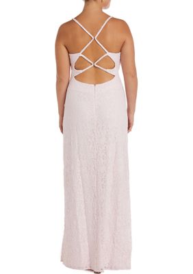 Long Slim Wide Neck Spaghetti Strap Side Slit Lace W Strappy Back