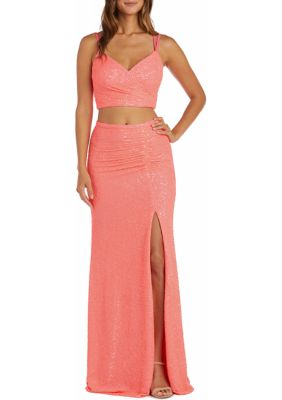 2Pc All Over Sequin Mock Wrap Top W Double Spaghetti Straps And Lace Up Back Long Skirt Side Ruched Detail