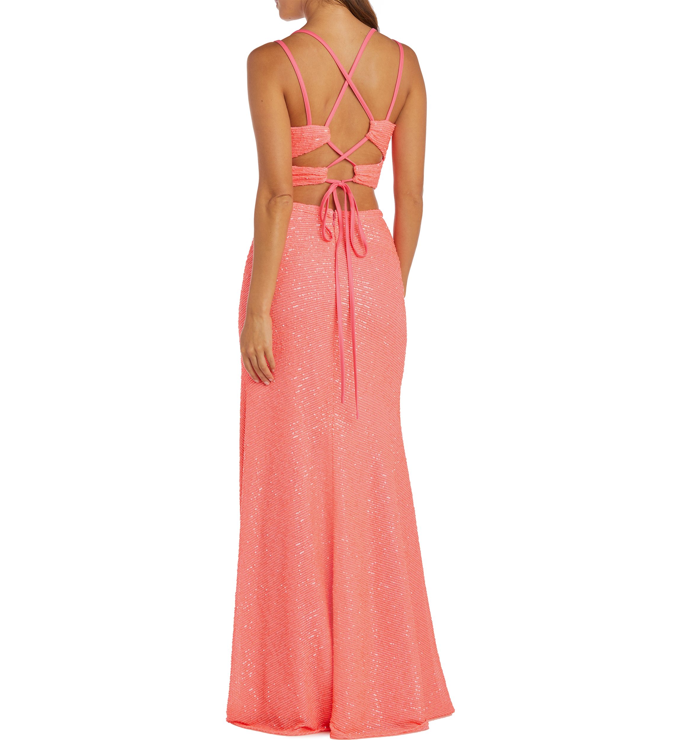 2Pc All Over Sequin Mock Wrap Top W Double Spaghetti Straps And Lace Up Back Long Skirt W Side Ruched Detail