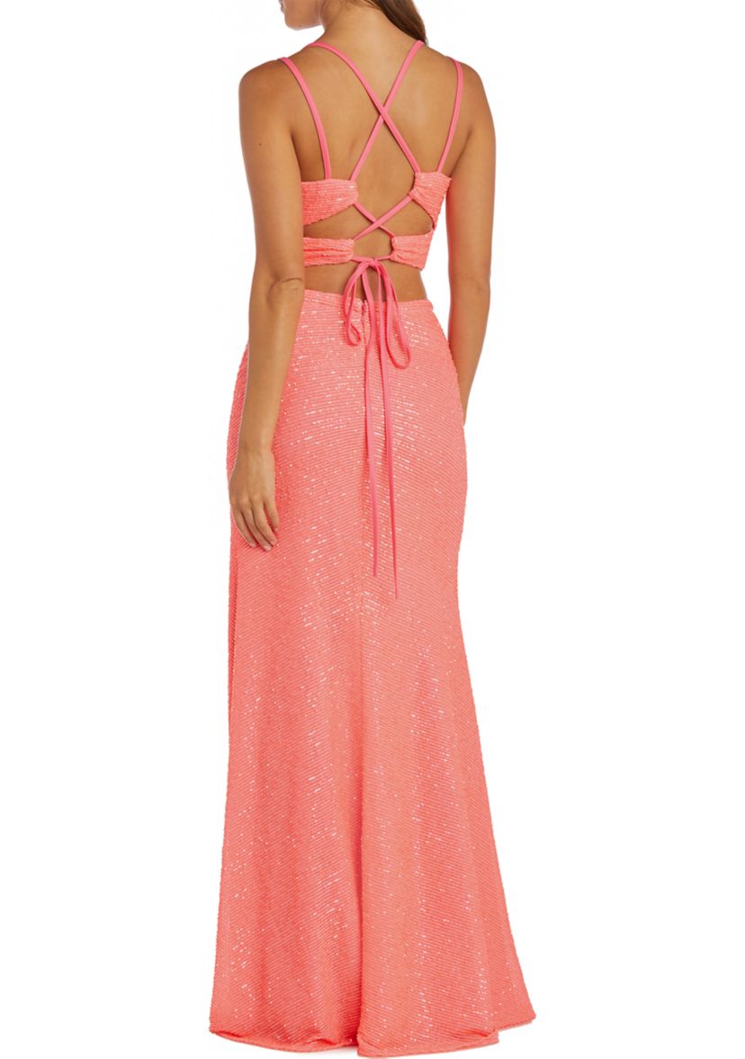 2Pc All Over Sequin Mock Wrap Top W Double Spaghetti Straps And Lace Up Back Long Skirt W Side Ruched Detail