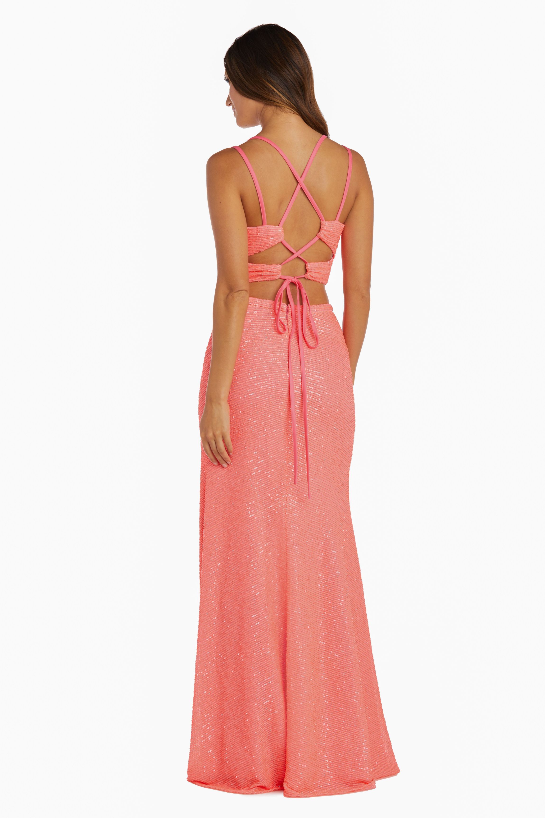 2Pc All Over Sequin Mock Wrap Top W Double Spaghetti Straps And Lace Up Back Long Skirt W Side Ruched Detail