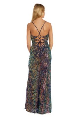 Long Rainbow Swirl Sequin W Modified Soft Cowl Bodice And Lace Up Back Detail Ruching