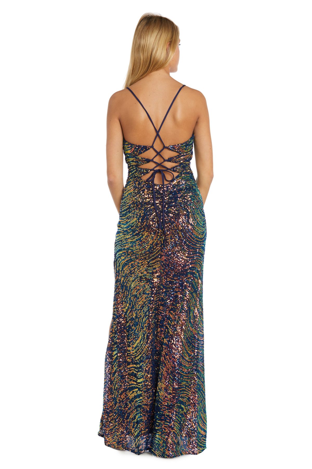 Long Rainbow Swirl Sequin W Modified Soft Cowl Bodice And Lace Up Back Detail W Ruching