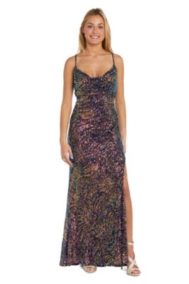 Long Rainbow Swirl Sequin W Modified Soft Cowl Bodice And Lace Up Back Detail Ruching