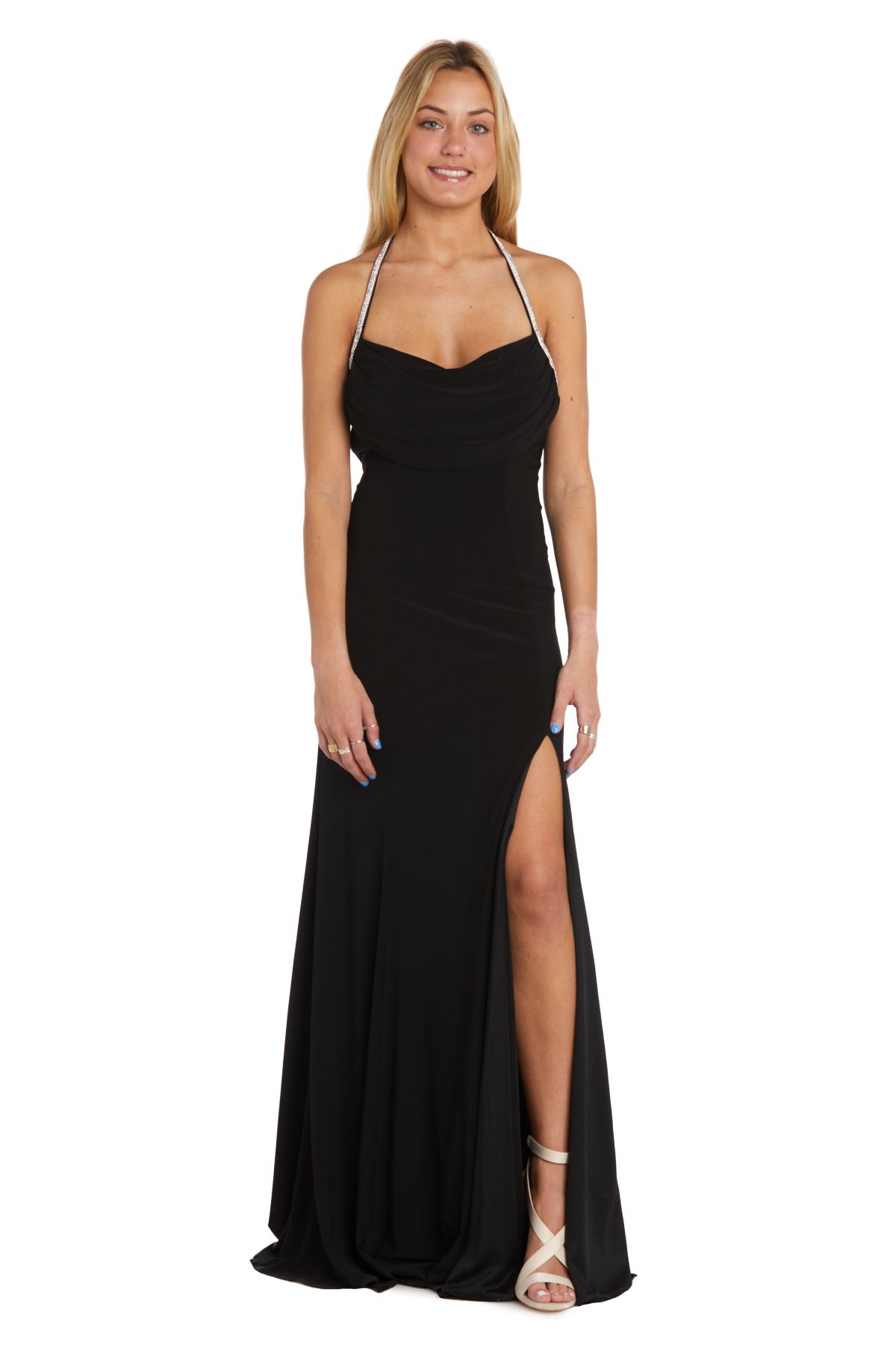 Ity Draped Front Bodice W Rhinestone Straps  Triple Strappy Back Detail  And Long Skirt W High Side Slit And Ruched Back Detail