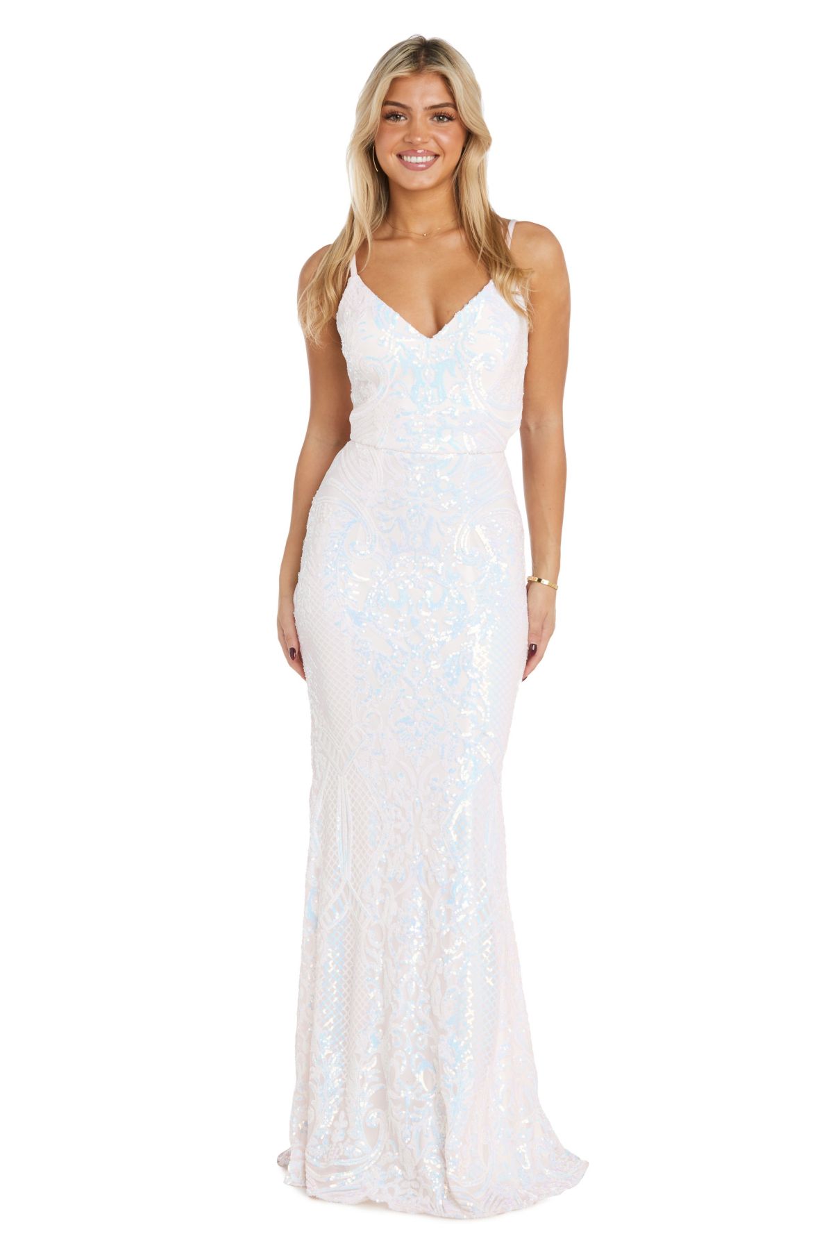 Long Iridescent And Rainbow Stretch Pattern Sequin W Deep V Front, Strappy Back And Flared Bottom