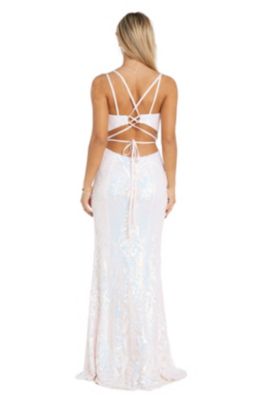 Long Iridescent And Rainbow Stretch Pattern Sequin W Deep V Front, Strappy Back Flared Bottom