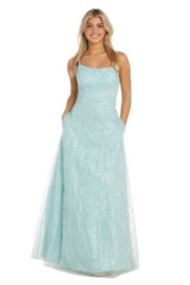 Long Square Neck Sequin And Glitter Tulle Ballgown W Triple Straps Pockets