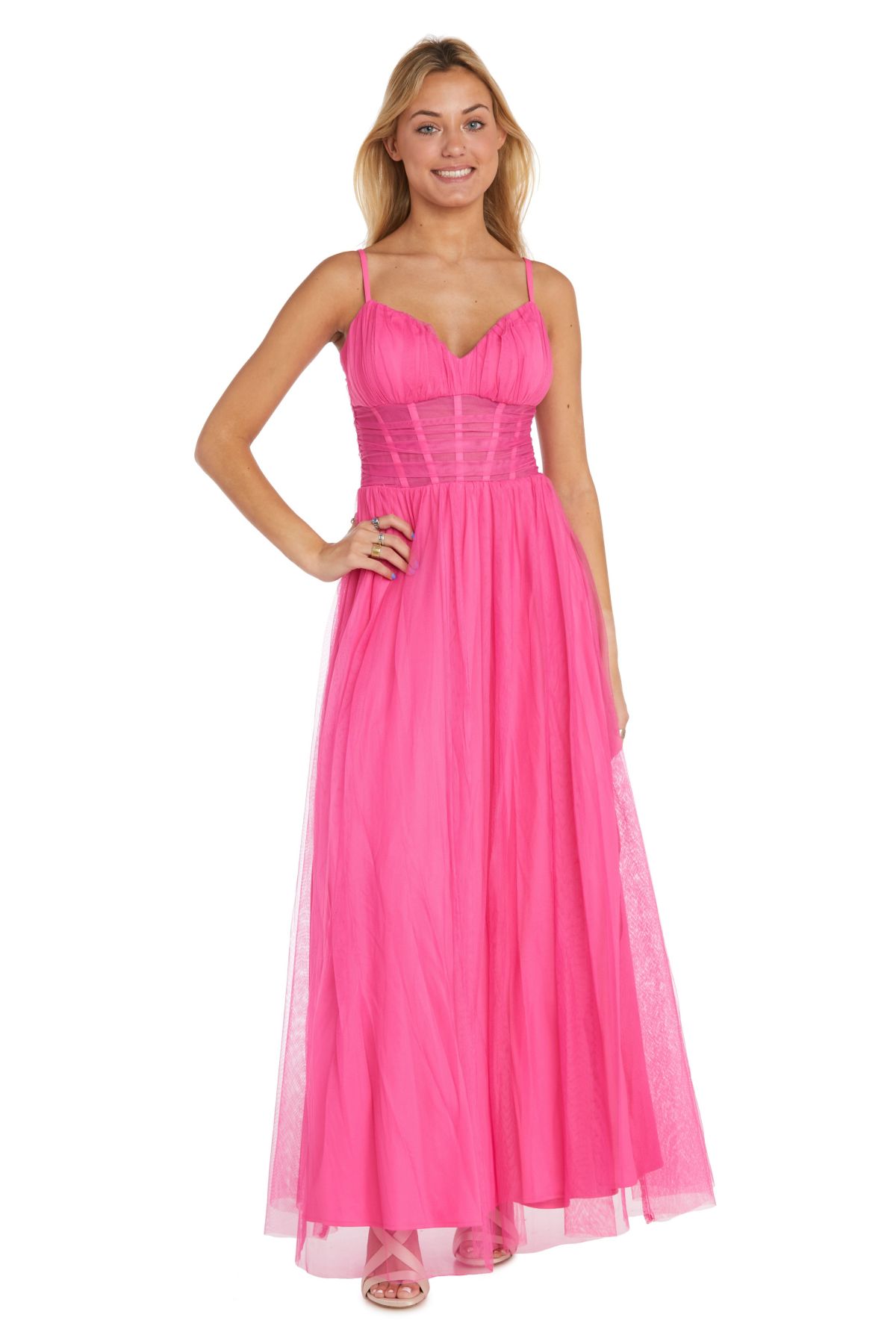Long Sweetheart Neck Tulle Ballgown W Adjustable Spaghetti Straps  Corset Midriff  And Pockets
