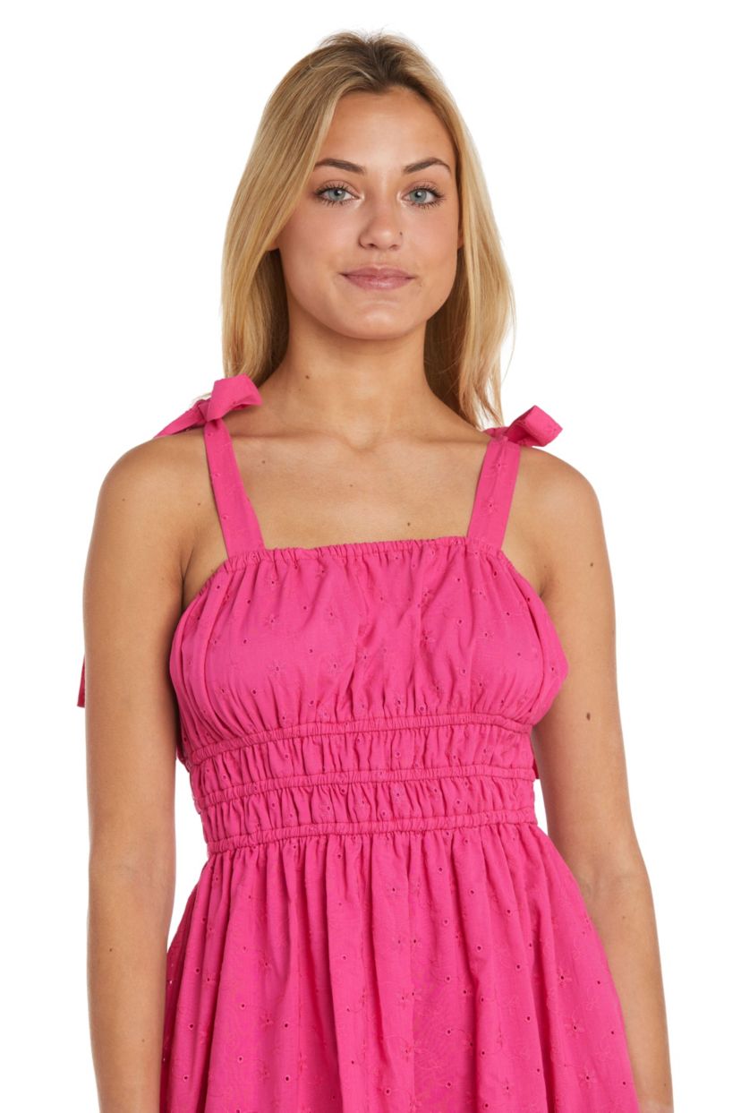 1Pc Floral Embroidery Eyelet Sundress With Tie Straps