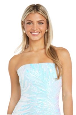 Long Strapless Feather Patterned Sequin W Trumpet Skirt And Removable Straps