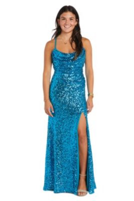 Long All Over Sequin Soft Draped Cowl W Adjustable Spaghetti Strap X Back And Side Slit