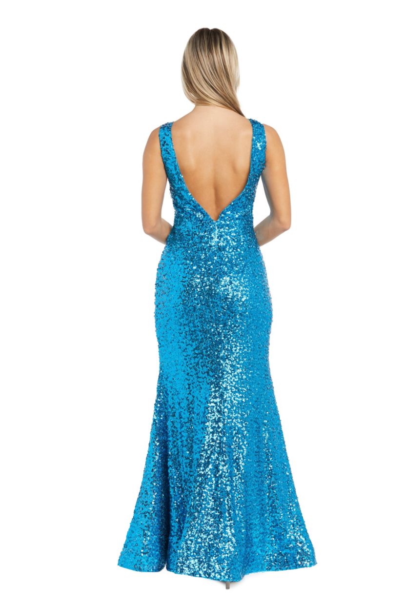 Long V Front All Over Sequins W Power Mesh Side Insets And Deep V Back