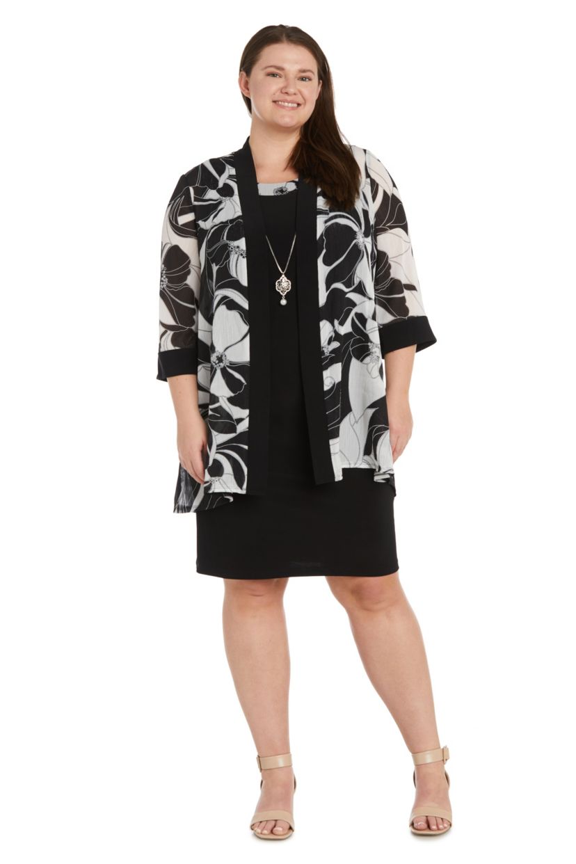 2Pc Printed Chiffon and Jersey Jacket Dress with Detachable Necklace