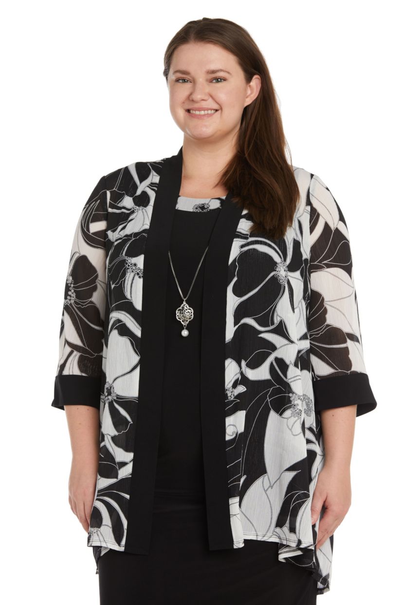 2Pc Printed Chiffon and Jersey Jacket Dress with Detachable Necklace