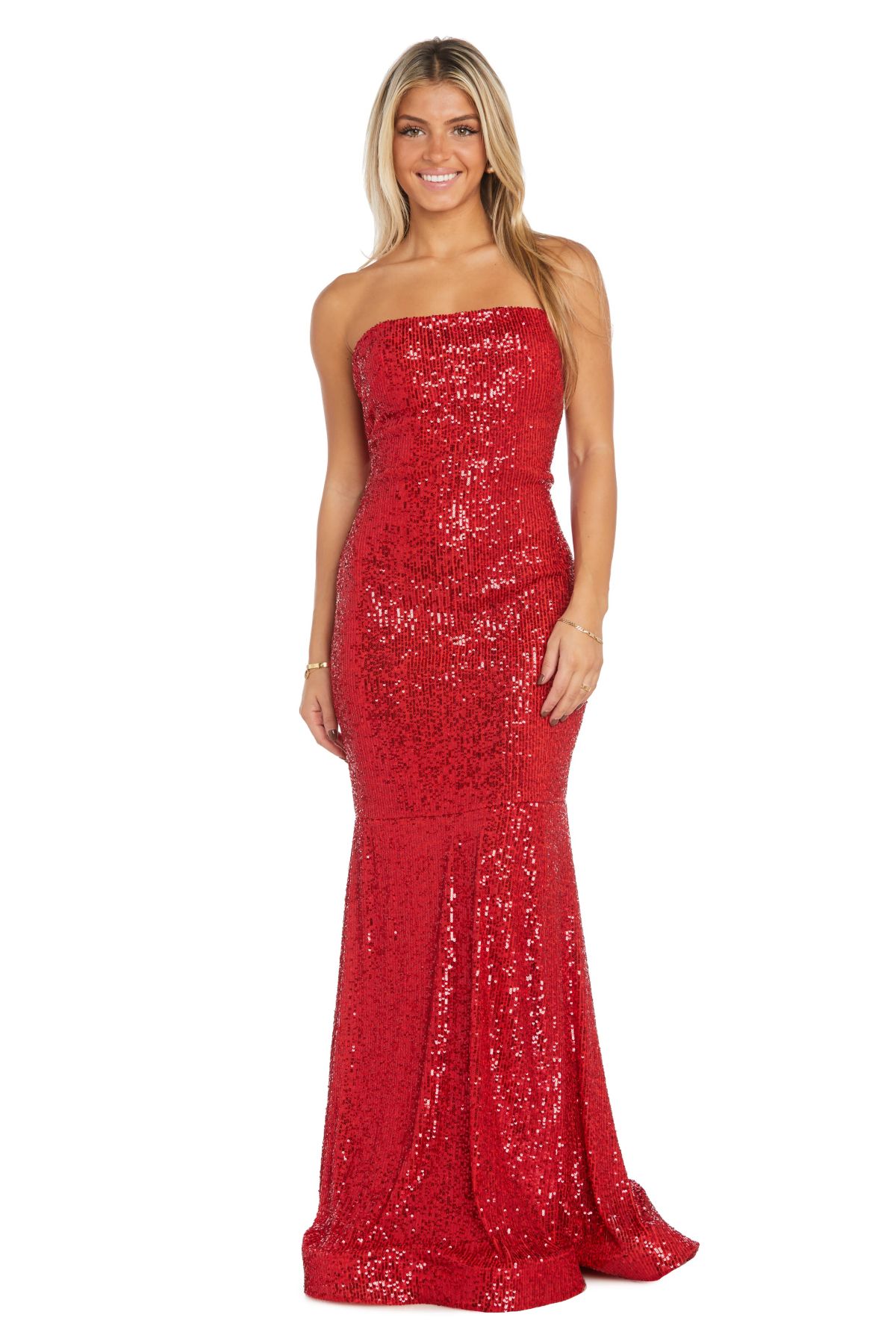 Long Strapless All Over Sequins W Detachable And Adjustable Straps, Mermaid Hem And Side Slit