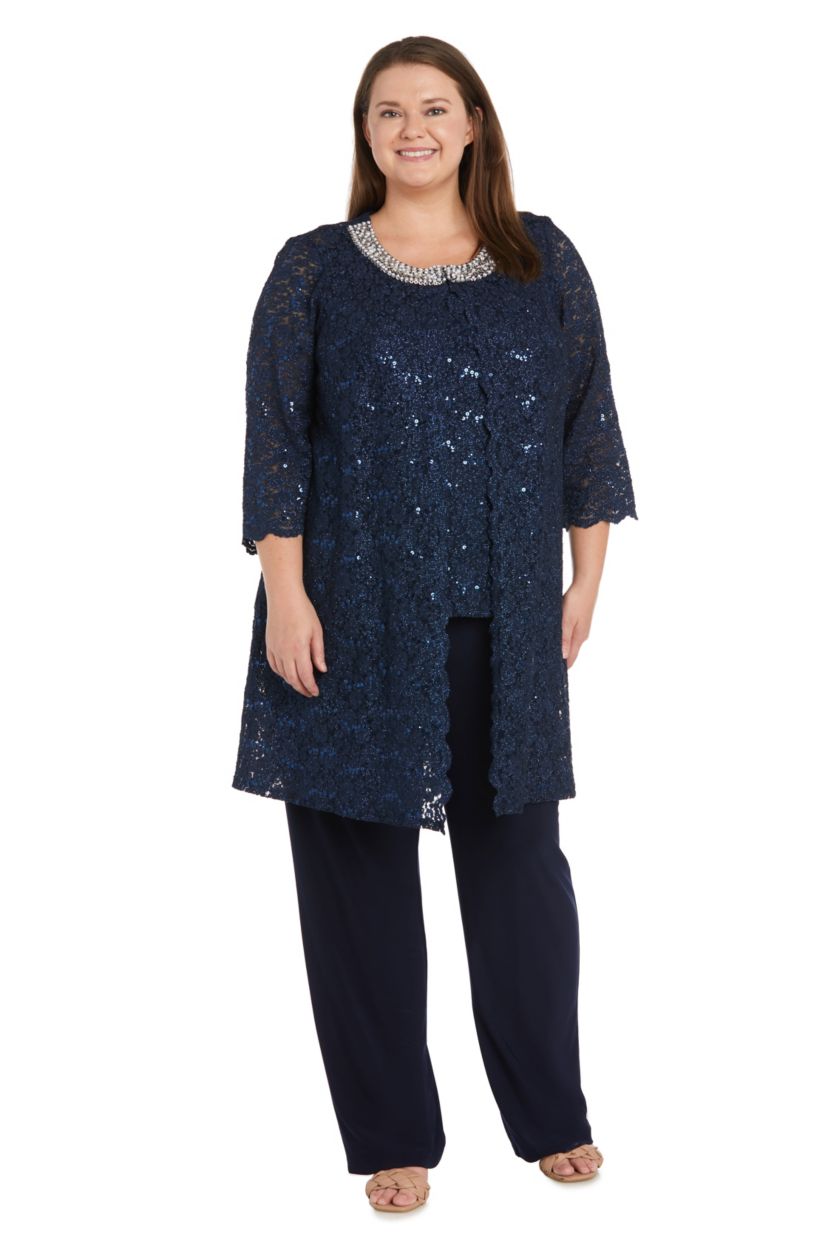 3Pc Duster Pant Set Scallop Edge Jacket And Sleeve W Pearl And Sequin Collar Detail, Lace Tank And Ity Pant
