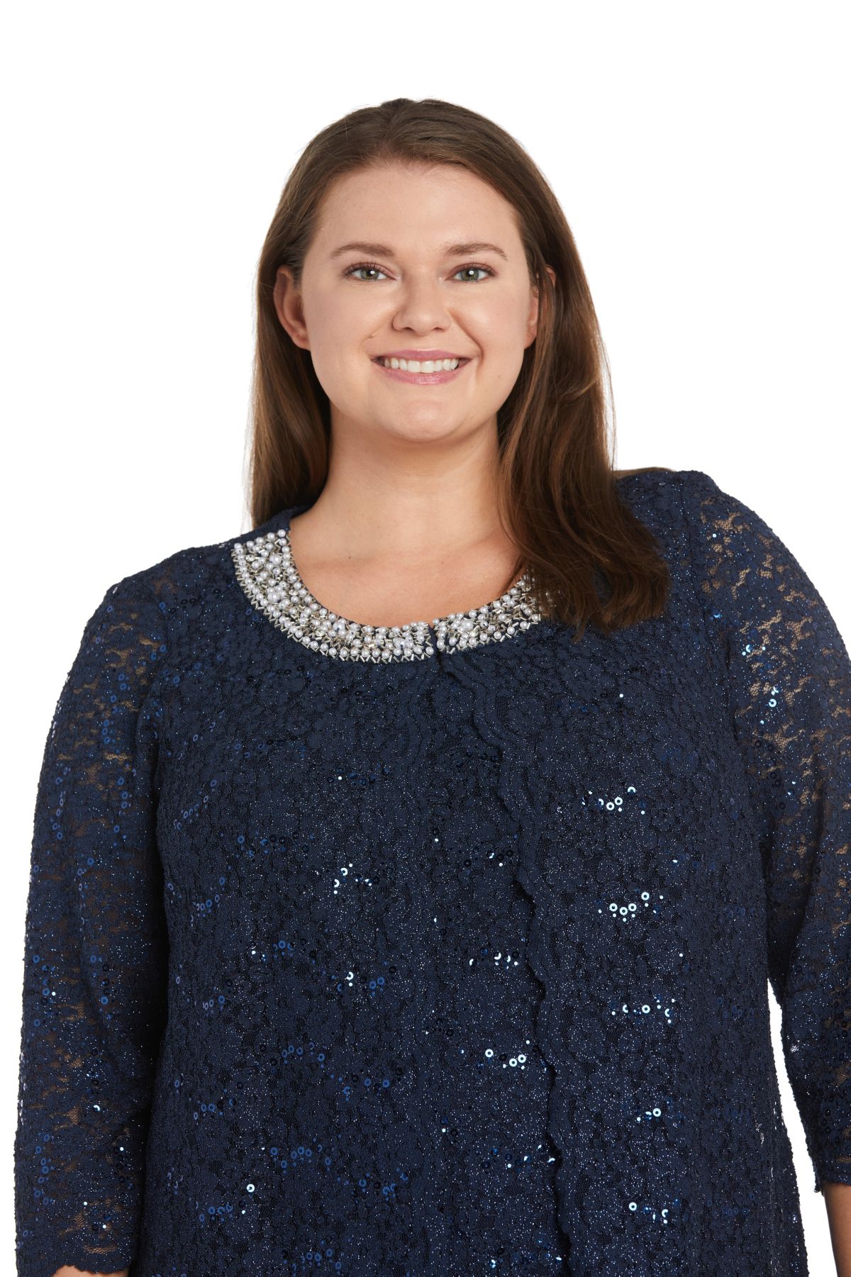 3Pc Duster Pant Set Scallop Edge Jacket And Sleeve W Pearl And Sequin Collar Detail, Lace Tank And Ity Pant