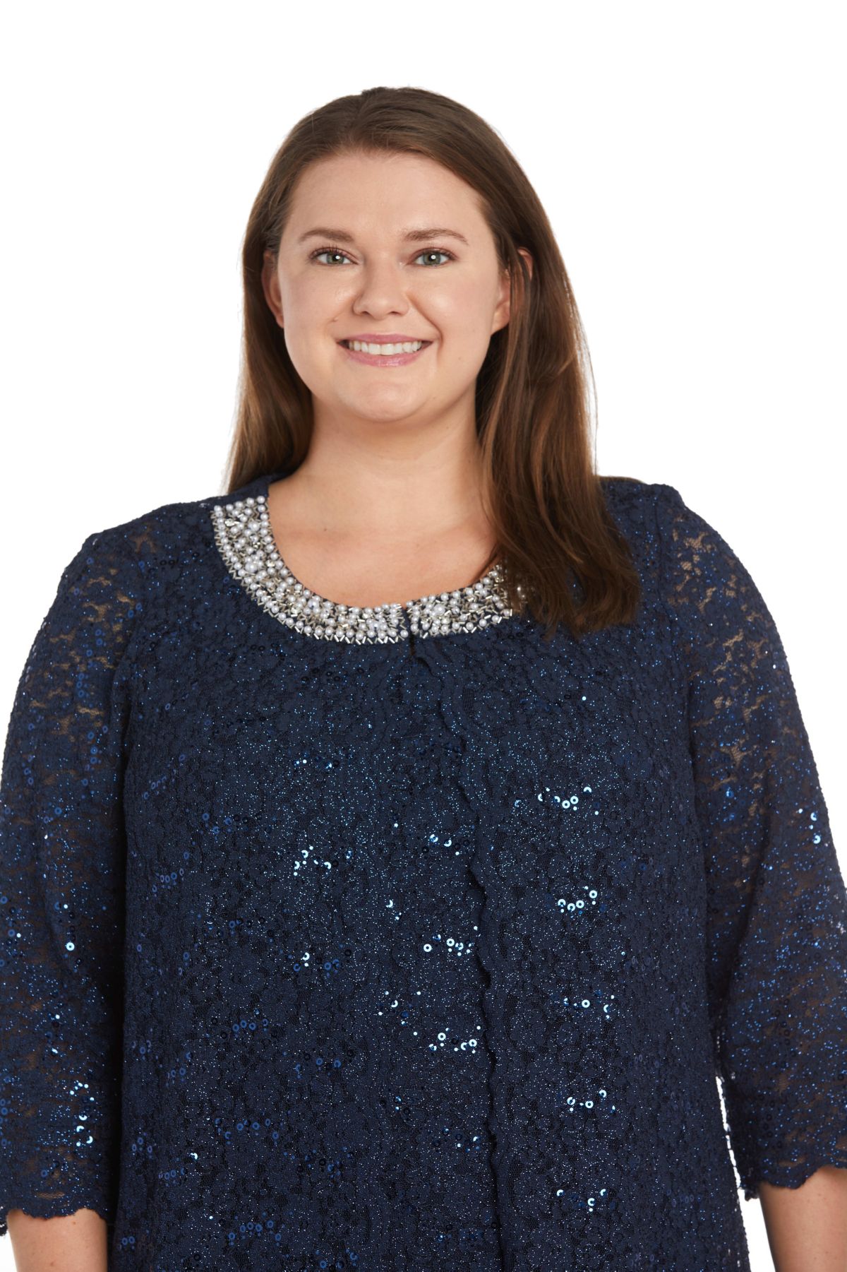 3Pc Duster Pant Set Scallop Edge Jacket And Sleeve W Pearl And Sequin Collar Detail, Lace Tank And Ity Pant