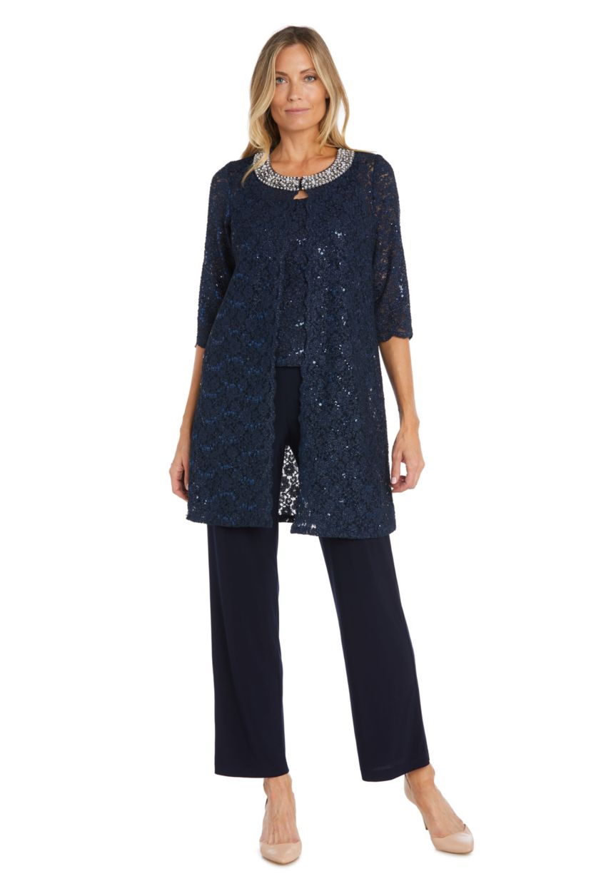 3Pc Duster Pant Set Scallop Edge Jacket And Sleeve W Pearl And Sequin Collar Detail  Lace Tank And Ity Pant