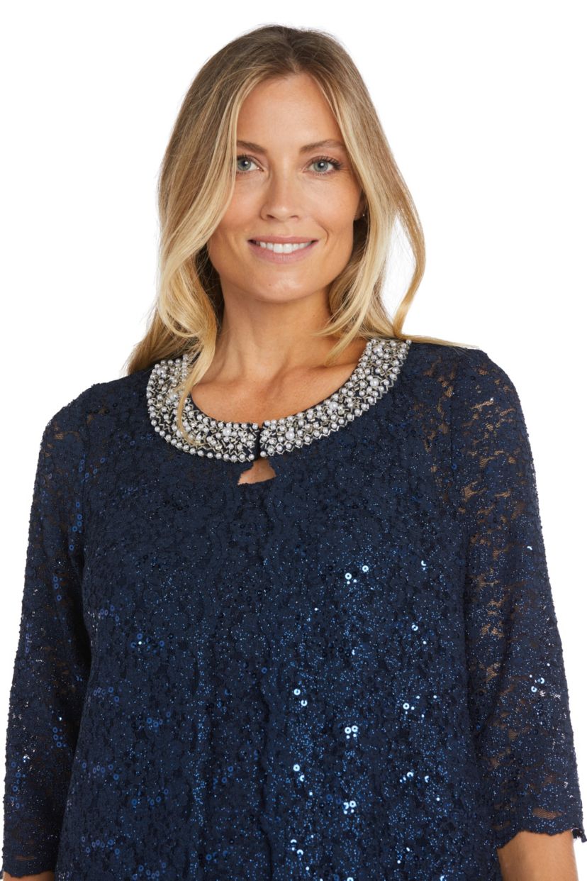 3Pc Duster Pant Set Scallop Edge Jacket And Sleeve W Pearl And Sequin Collar Detail  Lace Tank And Ity Pant